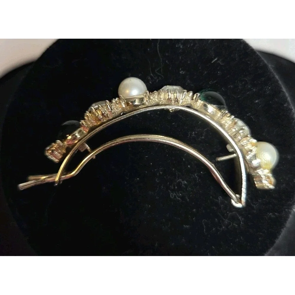 Gold Tone Crescent Moon Brooch Pin Faux Pearls Green Pink Clear Rhinestones